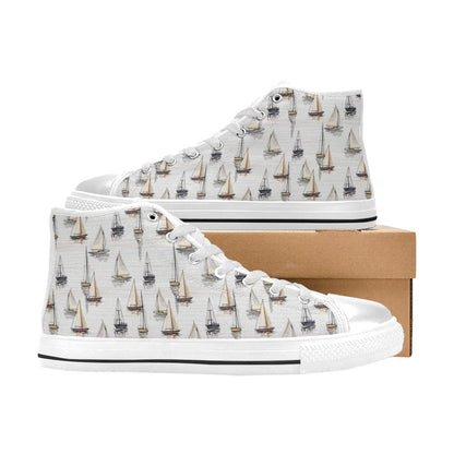 Sailboat Paint Pattern Print Design LKS307 High Top Women's White Shoes