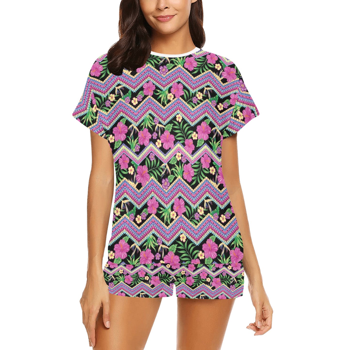 Hibiscus Pink Zigzag Line Pattern Design LKS307 Women's Short Pajama Set