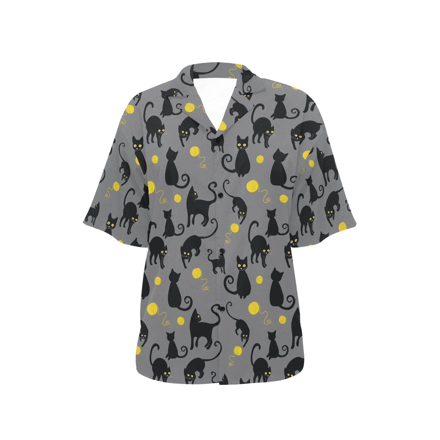 Black Cat Yellow Yarn Print Pattern Women's Hawaiian Shirt