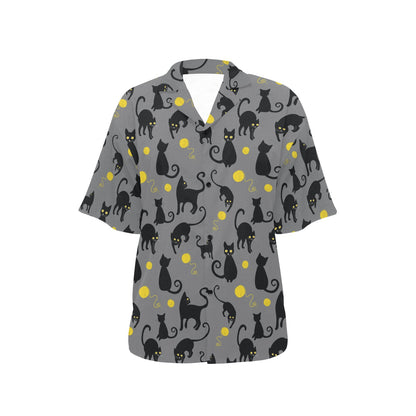Black Cat Yellow Yarn Print Pattern Women's Hawaiian Shirt