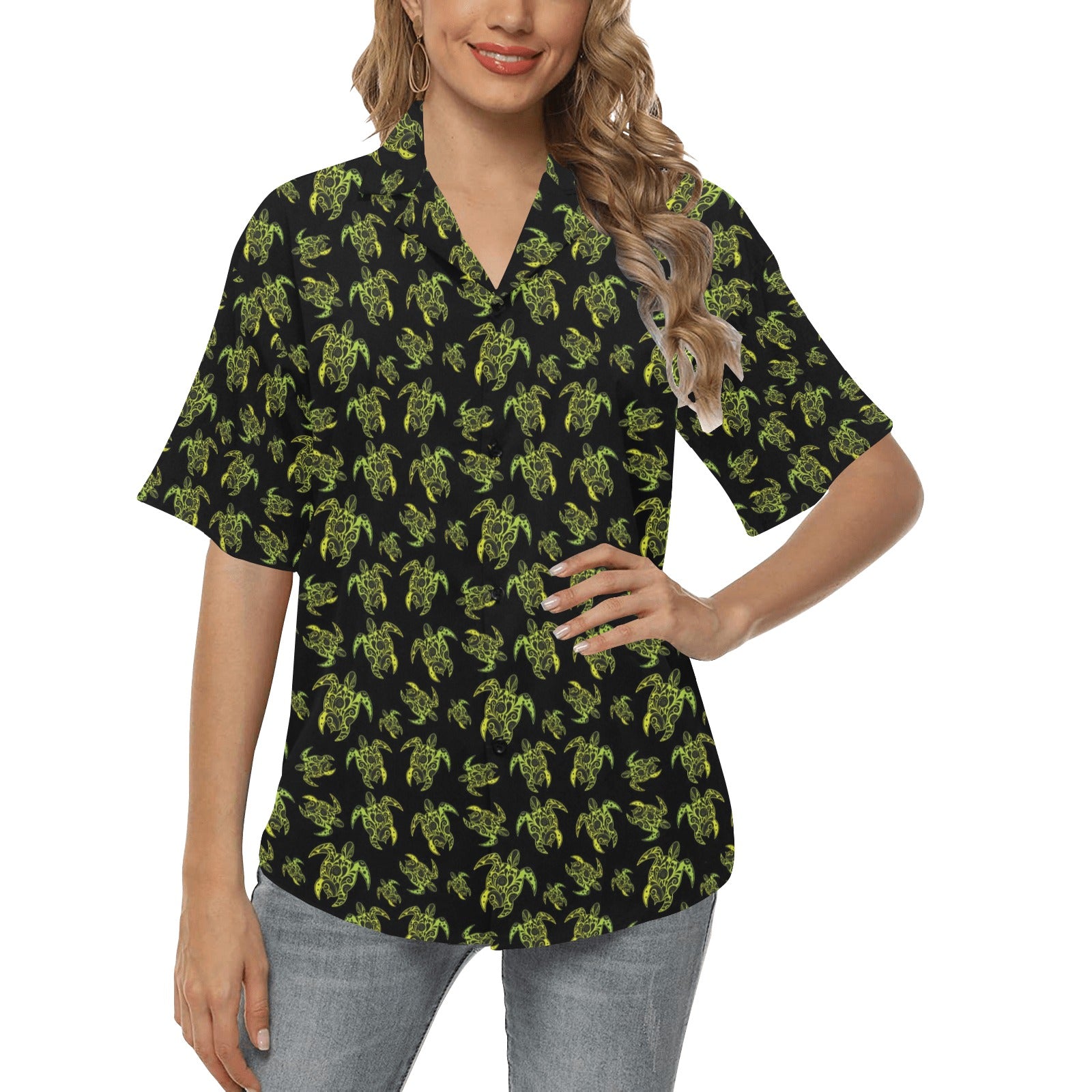 Green Tribal Turtle Polynesian Themed Women's Hawaiian Shirt