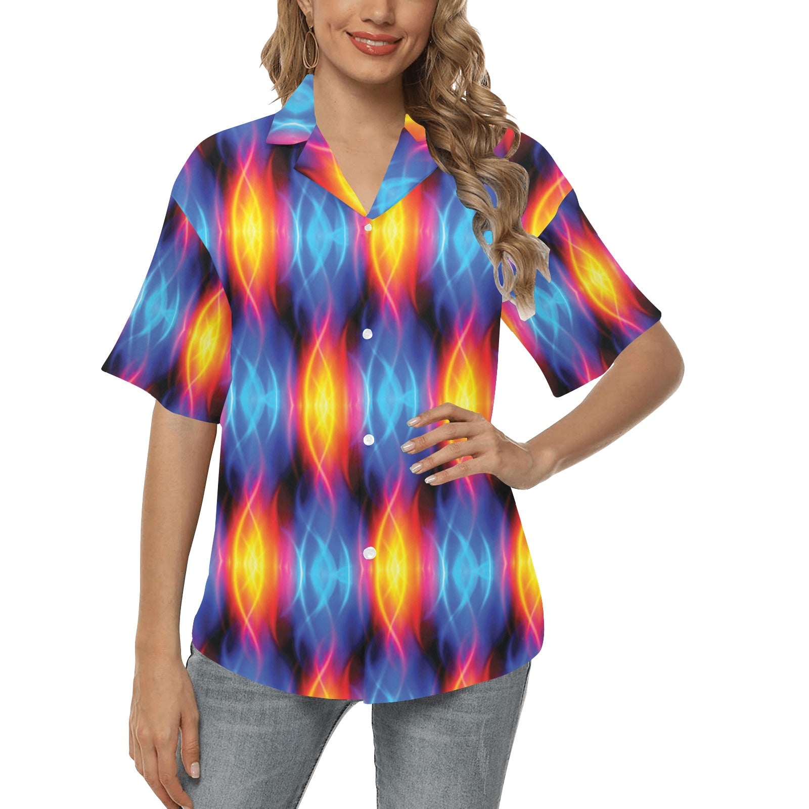 Flame Fire Blue Design Print Women's Hawaiian Shirt