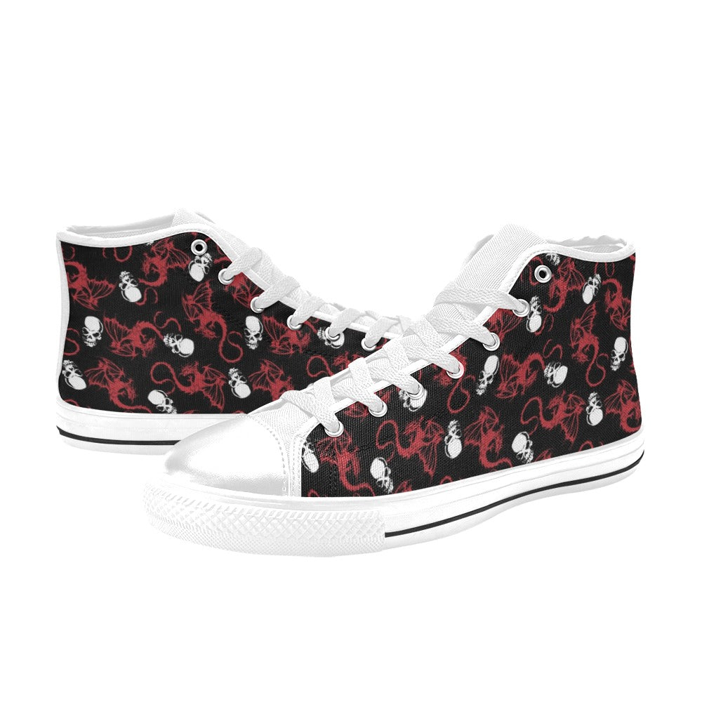 Skull With Red Dragon Print Design LKS304 High Top Women's White Shoes
