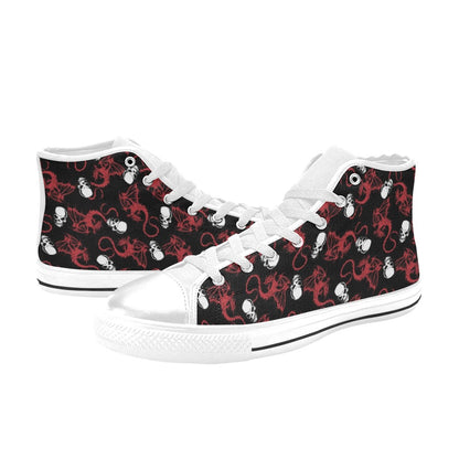 Skull With Red Dragon Print Design LKS304 High Top Women's White Shoes