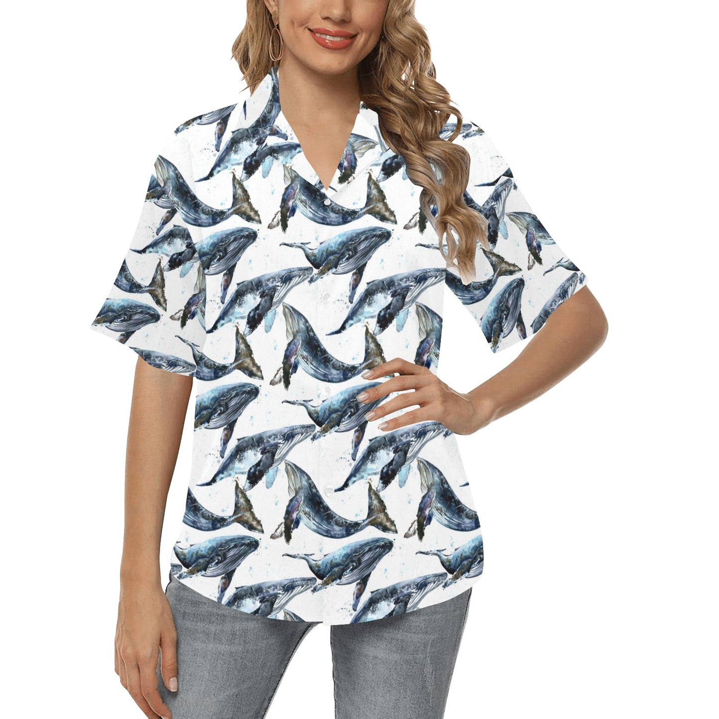 Blue Whale Pattern Print Design 03 Women's Hawaiian Shirt