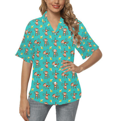 Monkey Banana Design Themed Print Women's Hawaiian Shirt