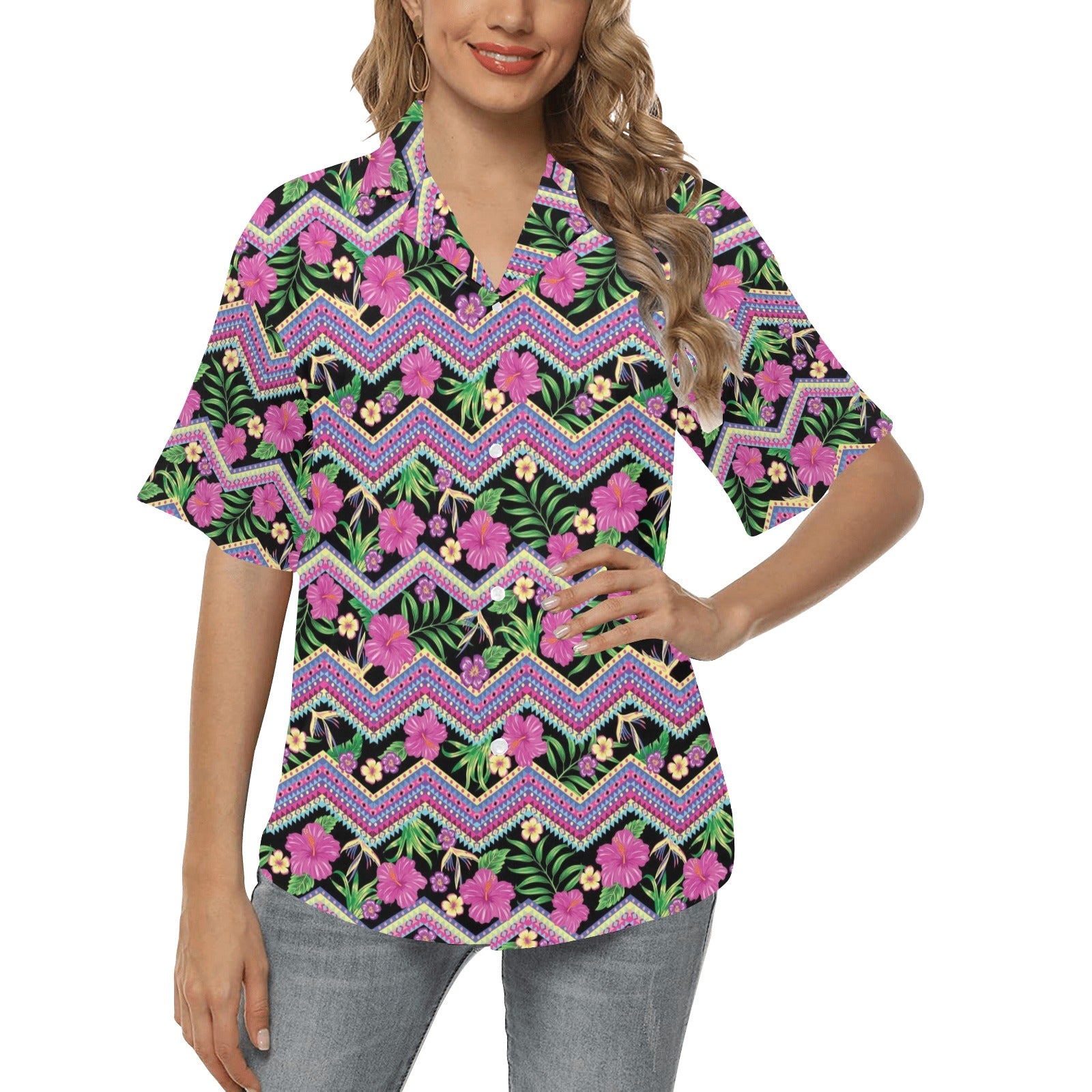 Hibiscus Pink Zigzag Line Pattern Design LKS307 Women's Hawaiian Shirt