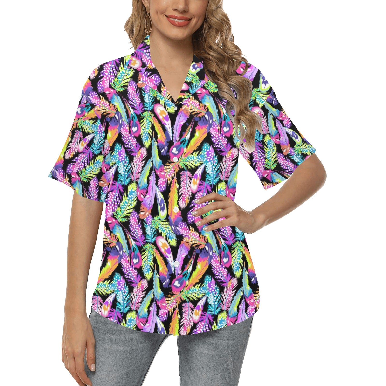 Neon Feather Pattern Print Design A02 Women's Hawaiian Shirt