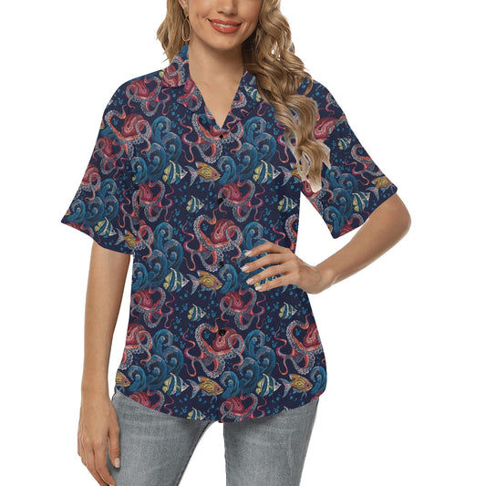 Underwater Giant Squid Print Design LKS302 Women's Hawaiian Shirt