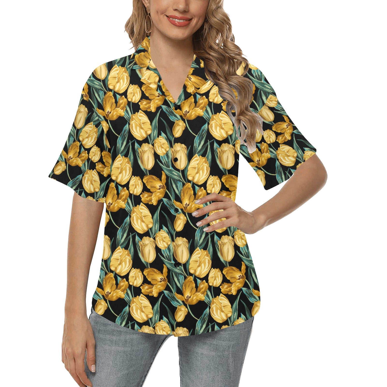 Elegant Yellow Tulip Print Women's Hawaiian Shirt