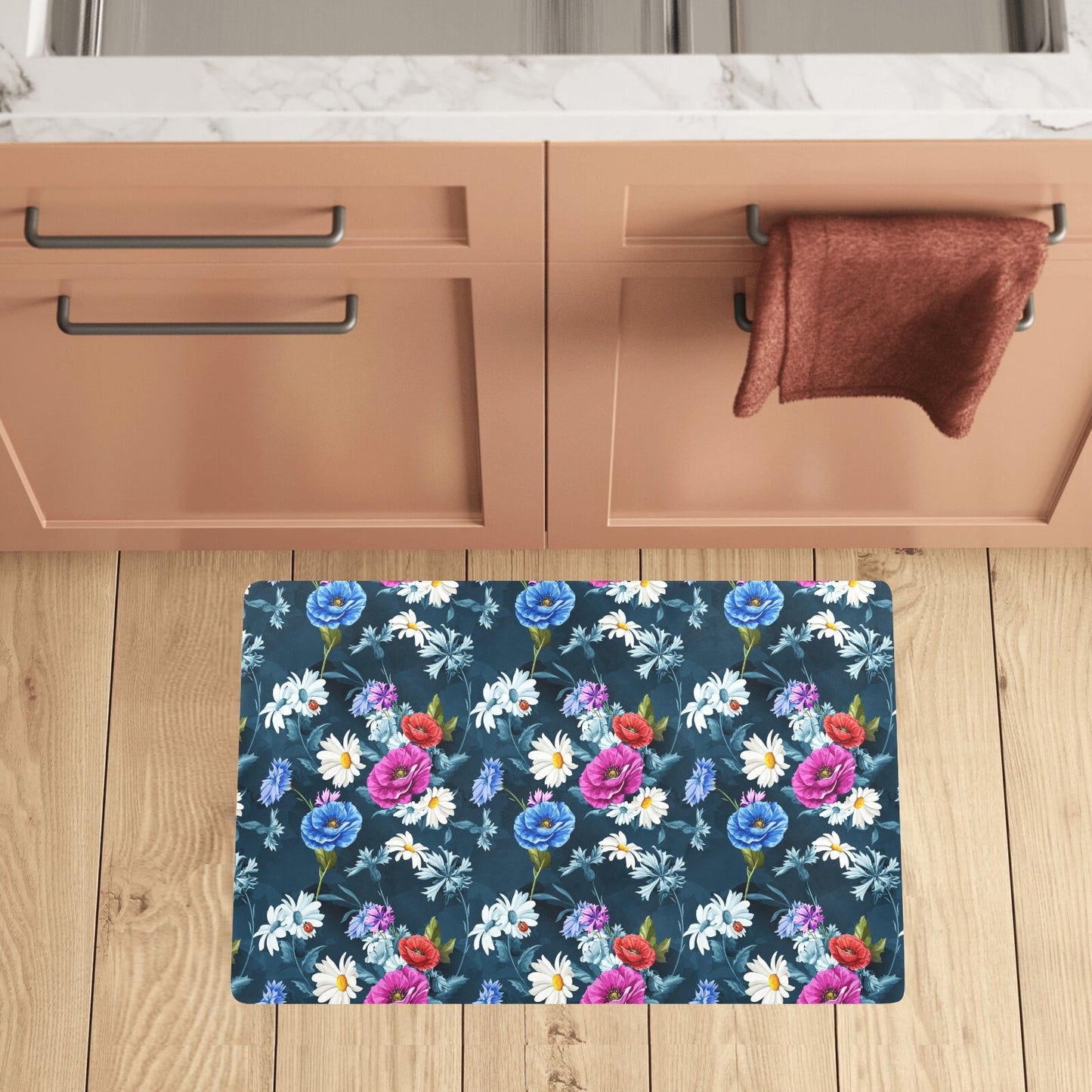 Floral Blue Themed Print Kitchen Mat
