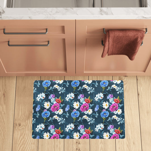 Floral Blue Themed Print Kitchen Mat