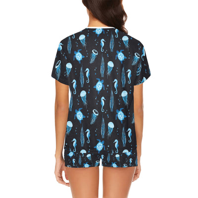 Sea Turtle Jelly Fish Sea Horse Print Design LKS3014 Women's Short Pajama Set