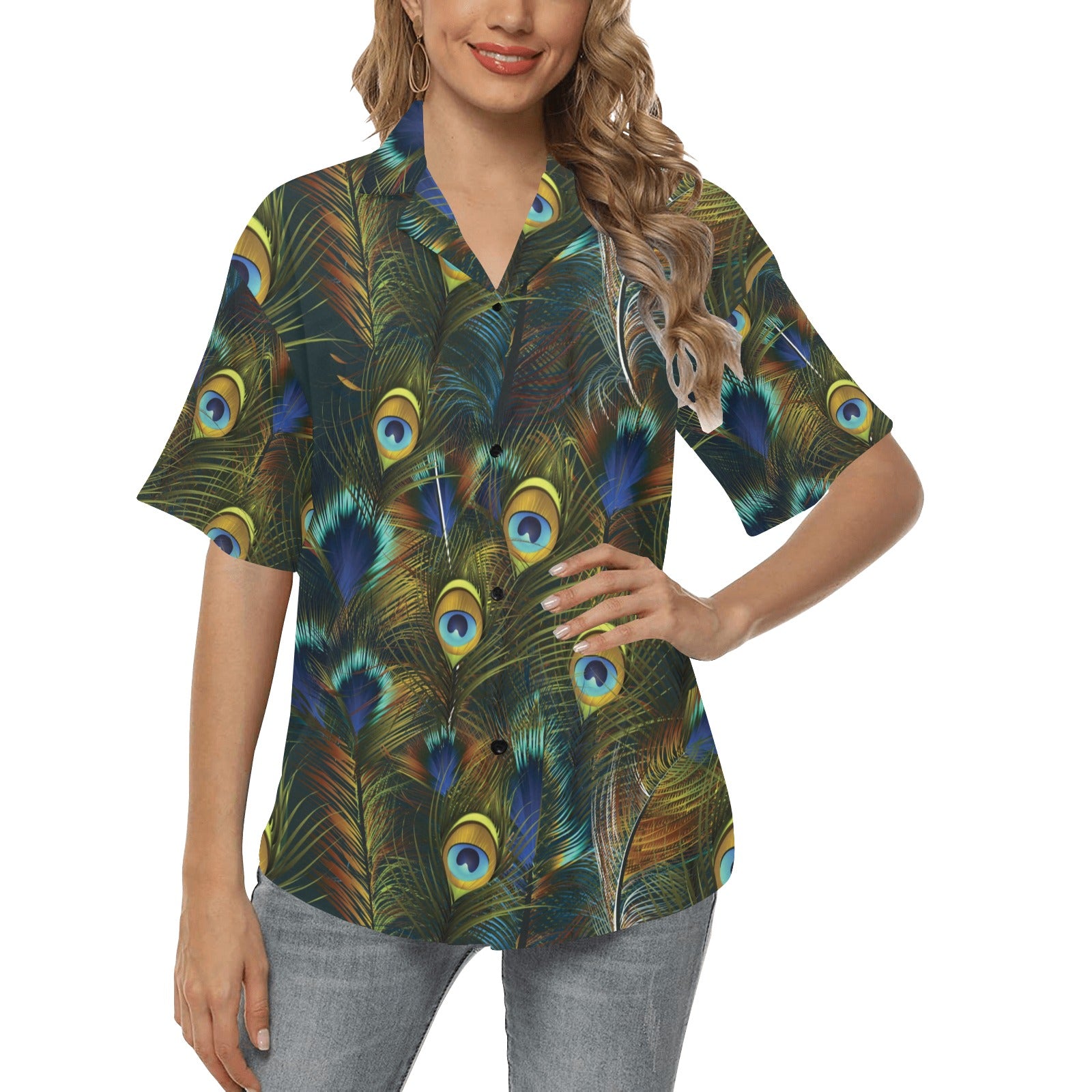 Peacock Feather Pattern Print Design A03 Women's Hawaiian Shirt