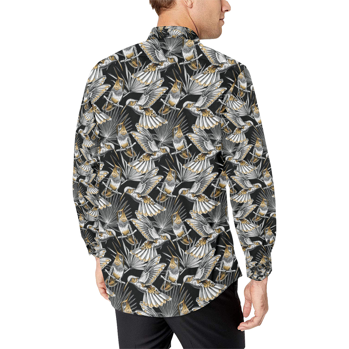 Hummingbird Gold Design Themed Print Men's Long Sleeve Shirt