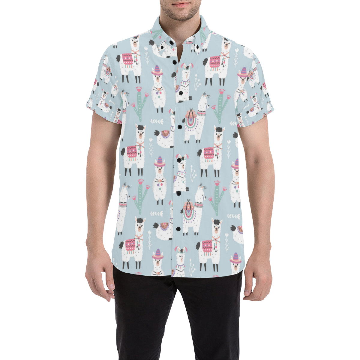 Llama Pattern Print Design 04 Men's Short Sleeve Button Up Shirt