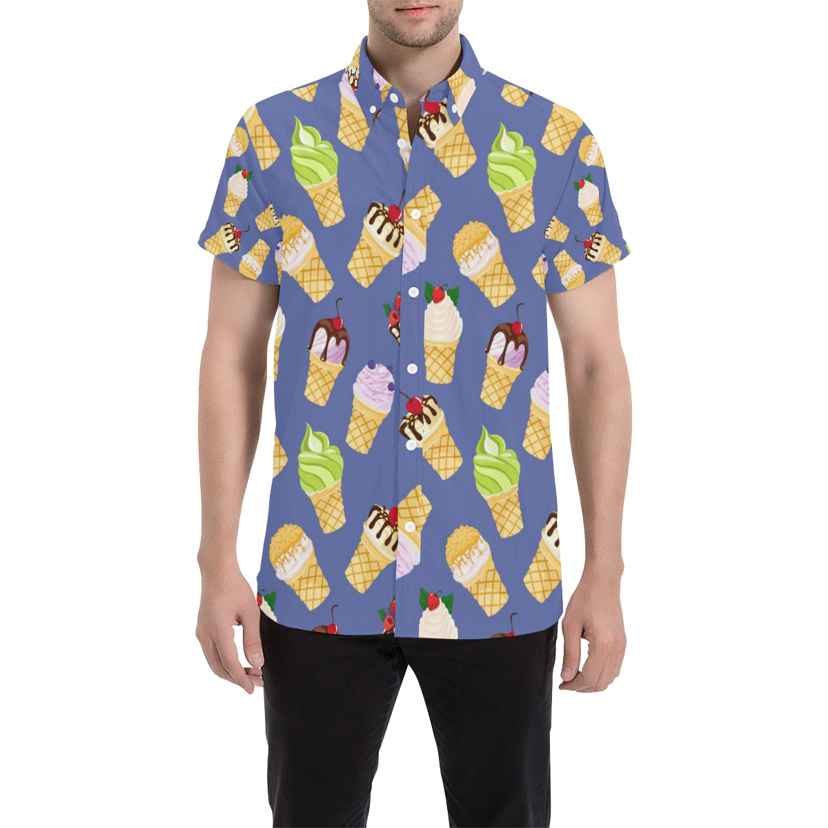 Ice Cream Pattern Print Design IC03 Men's Short Sleeve Button Up Shirt