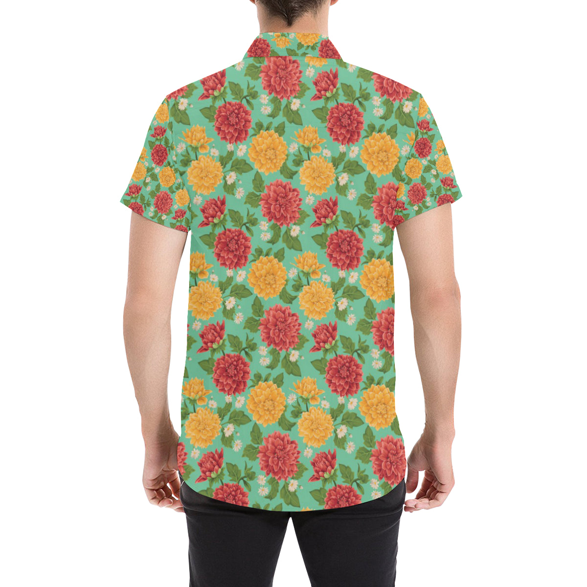 Dahlia Pattern Print Design DH011 Men's Short Sleeve Button Up Shirt