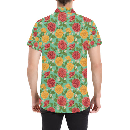 Dahlia Pattern Print Design DH011 Men's Short Sleeve Button Up Shirt