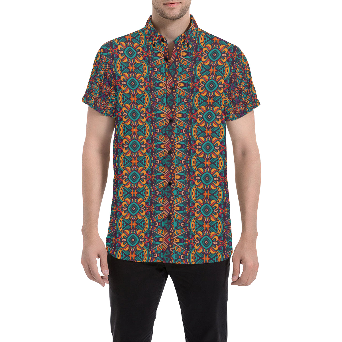 Ethnic Style Print Pattern Men's Short Sleeve Button Up Shirt