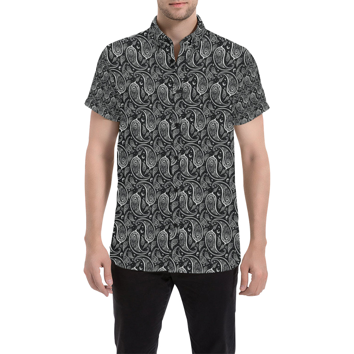Paisley Black Design Print Men's Short Sleeve Button Up Shirt
