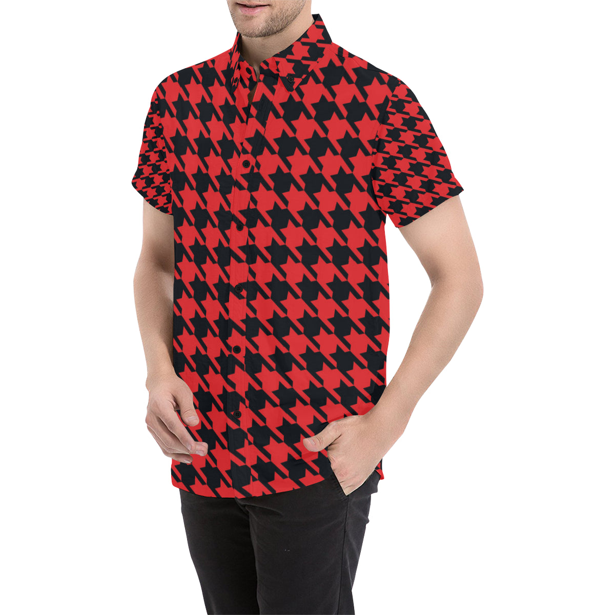 Houndstooth Red Pattern Print Design 03 Men's Short Sleeve Button Up Shirt