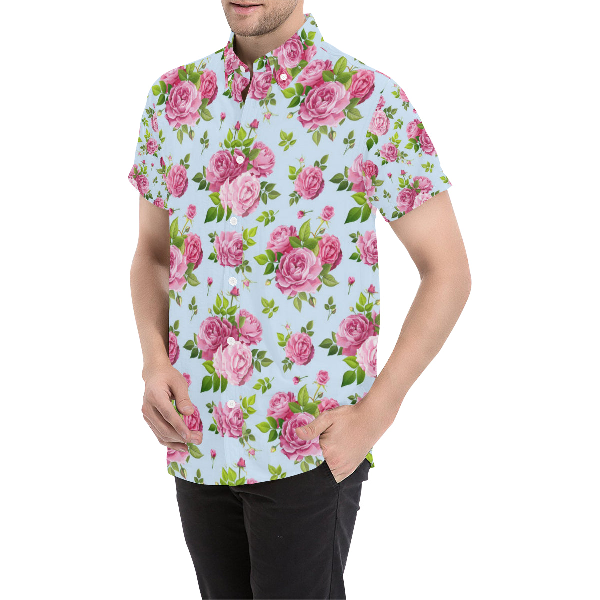 Rose Pink Pattern Print Design RO08 Men's Short Sleeve Button Up Shirt