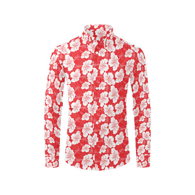 Flower Hawaiian Hibiscus Red Background Print Men's Long Sleeve Shirt