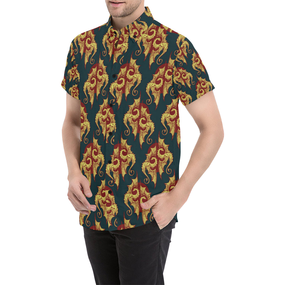 Dragons Gold Design Pattern Men's Short Sleeve Button Up Shirt