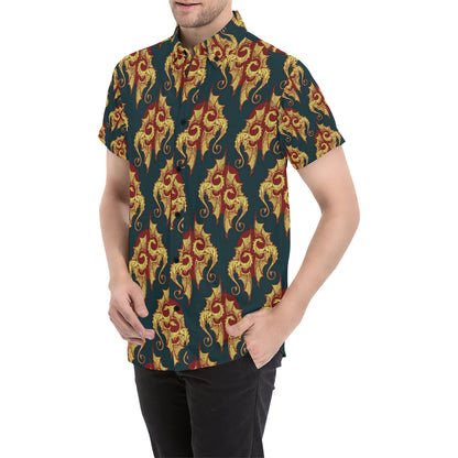 Dragons Gold Design Pattern Men's Short Sleeve Button Up Shirt