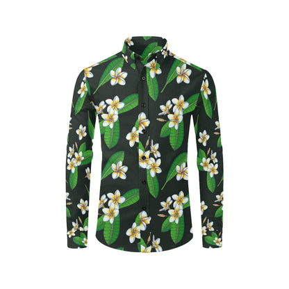 White Plumeria Pattern Print Design PM023 Men's Long Sleeve Shirt