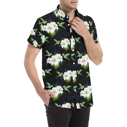 Hummingbird with Flower Pattern Print Design 03 Men's Short Sleeve Button Up Shirt