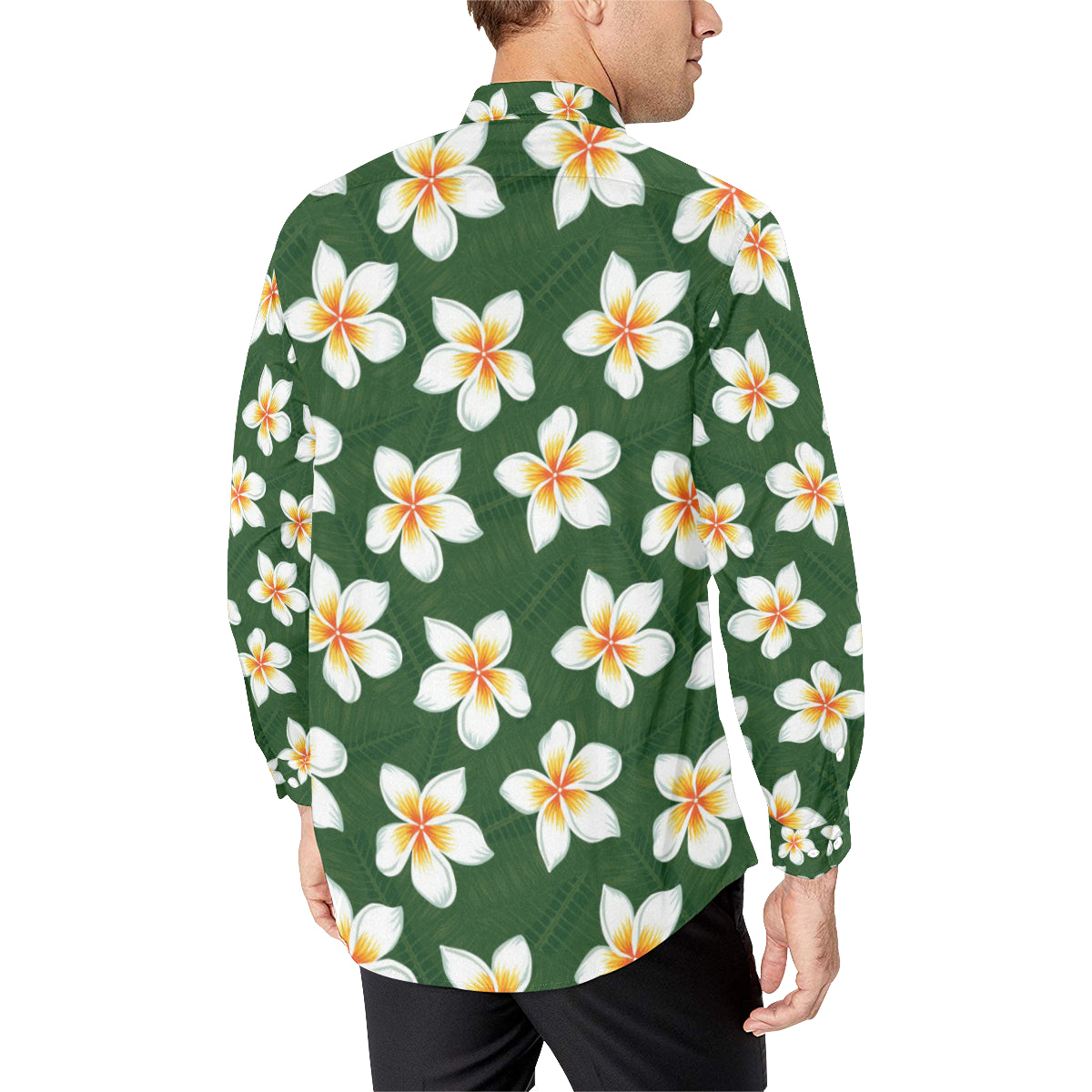 White Plumeria Pattern Print Design PM020 Men's Long Sleeve Shirt