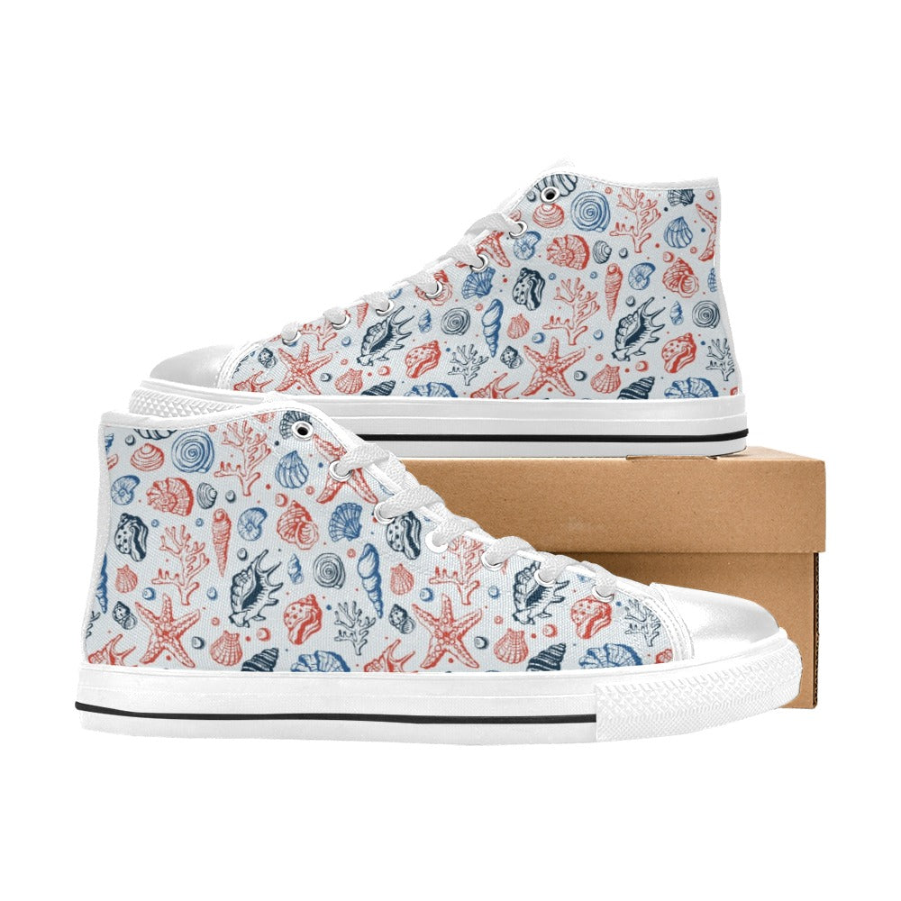 Seashell Print Design LKS307 High Top Women's White Shoes