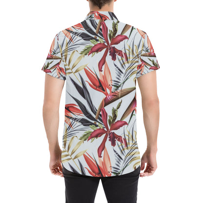 Tropical Flower Pattern Print Design TF021 Men's Short Sleeve Button Up Shirt