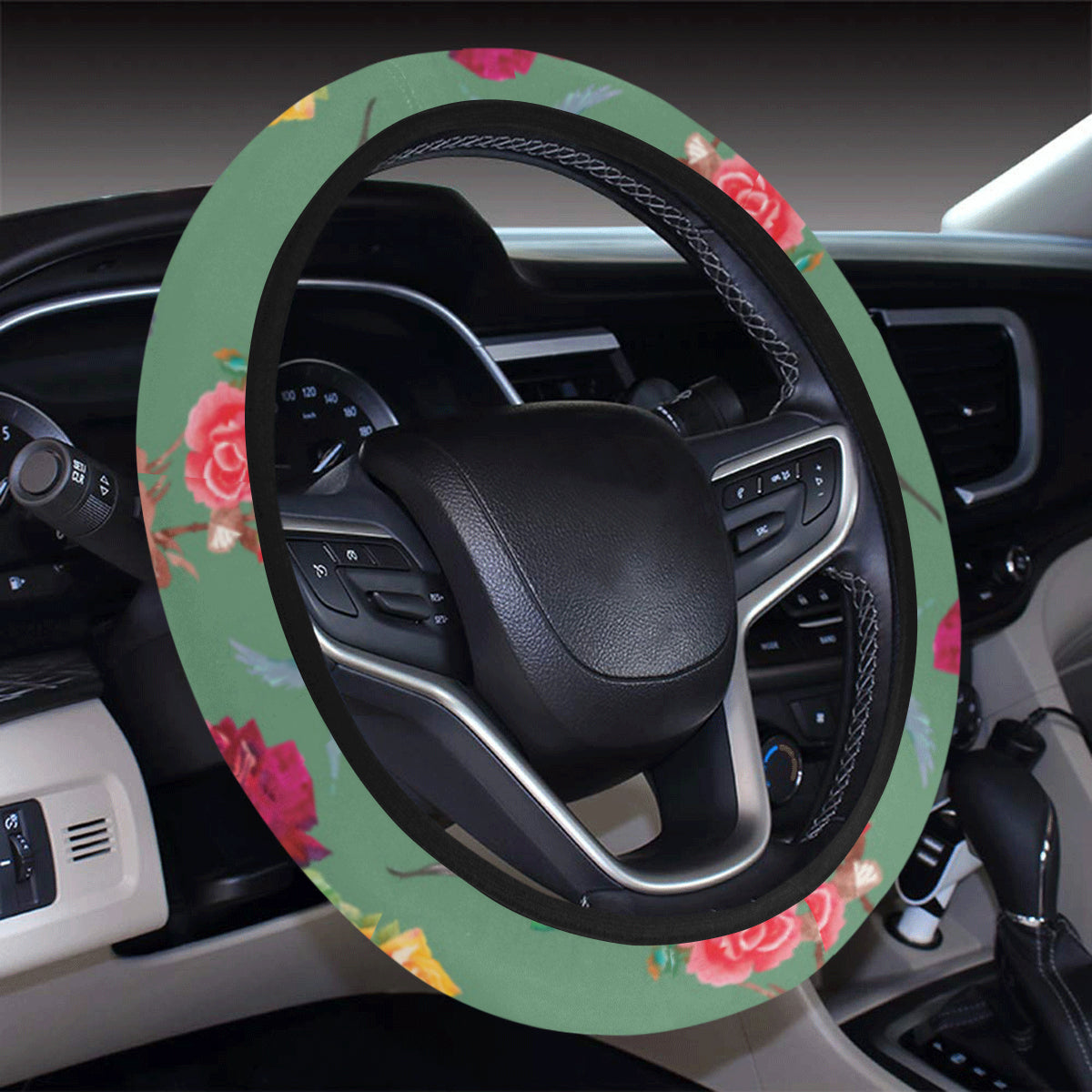 Hummingbird with Rose Themed Print Steering Wheel Cover with Elastic Edge