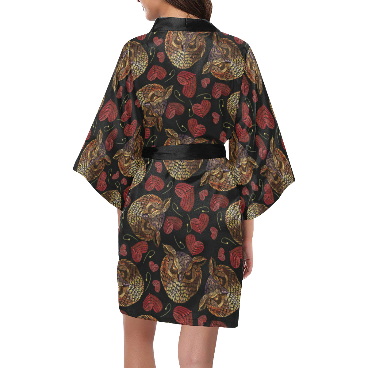 Owl Pattern Print Design A08 Women's Short Kimono