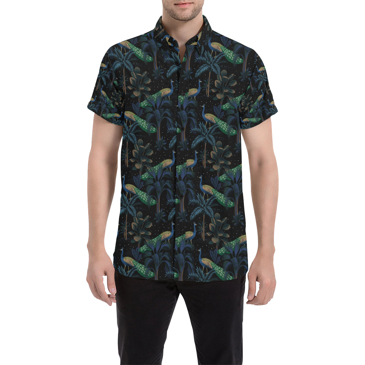 Rainforest Peacock Pattern Print Design A04 Men's Short Sleeve Button Up Shirt