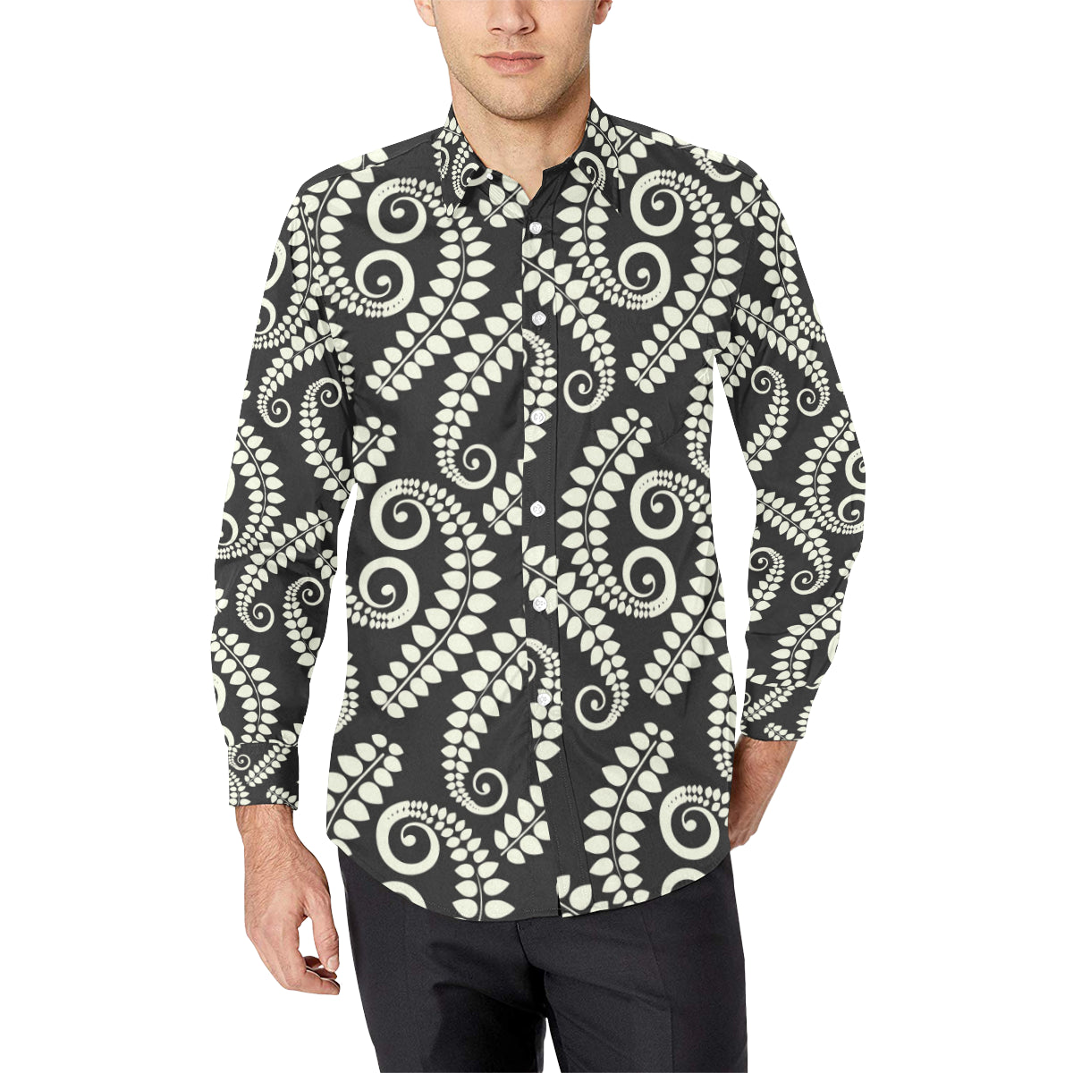 Fern Leave Print Pattern Men's Long Sleeve Shirt