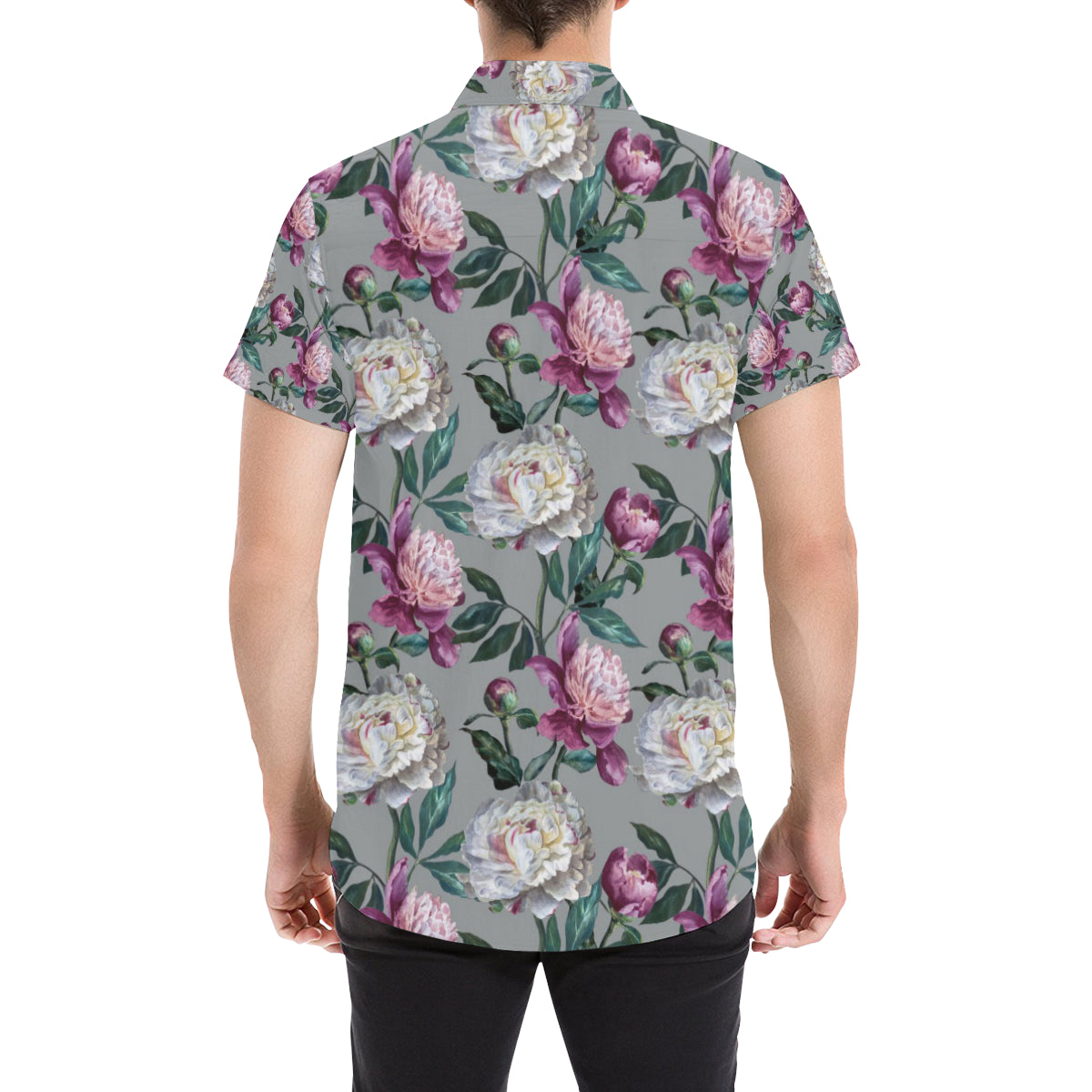 Peony Pattern Print Design PE01 Men's Short Sleeve Button Up Shirt