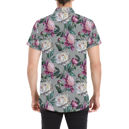 Peony Pattern Print Design PE01 Men's Short Sleeve Button Up Shirt
