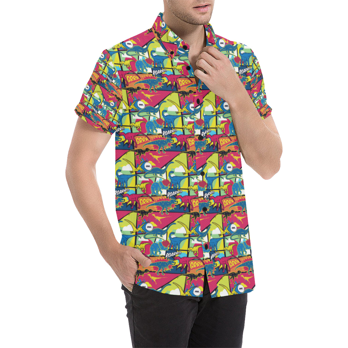 Dinosaur Comic Pop Art Style Men's Short Sleeve Button Up Shirt