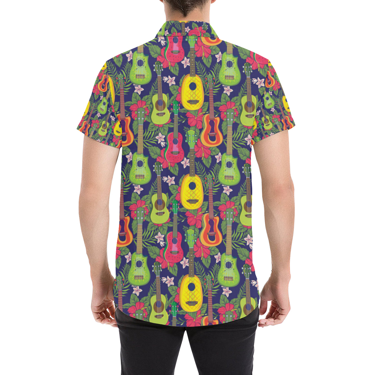 Ukulele Tropical Pattern Print Design 03 Men's Short Sleeve Button Up Shirt