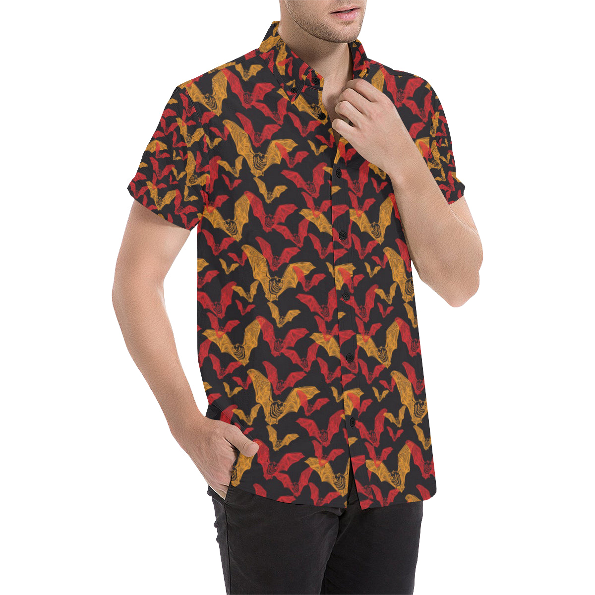 Bat Pattern Print Design 01 Men's Short Sleeve Button Up Shirt