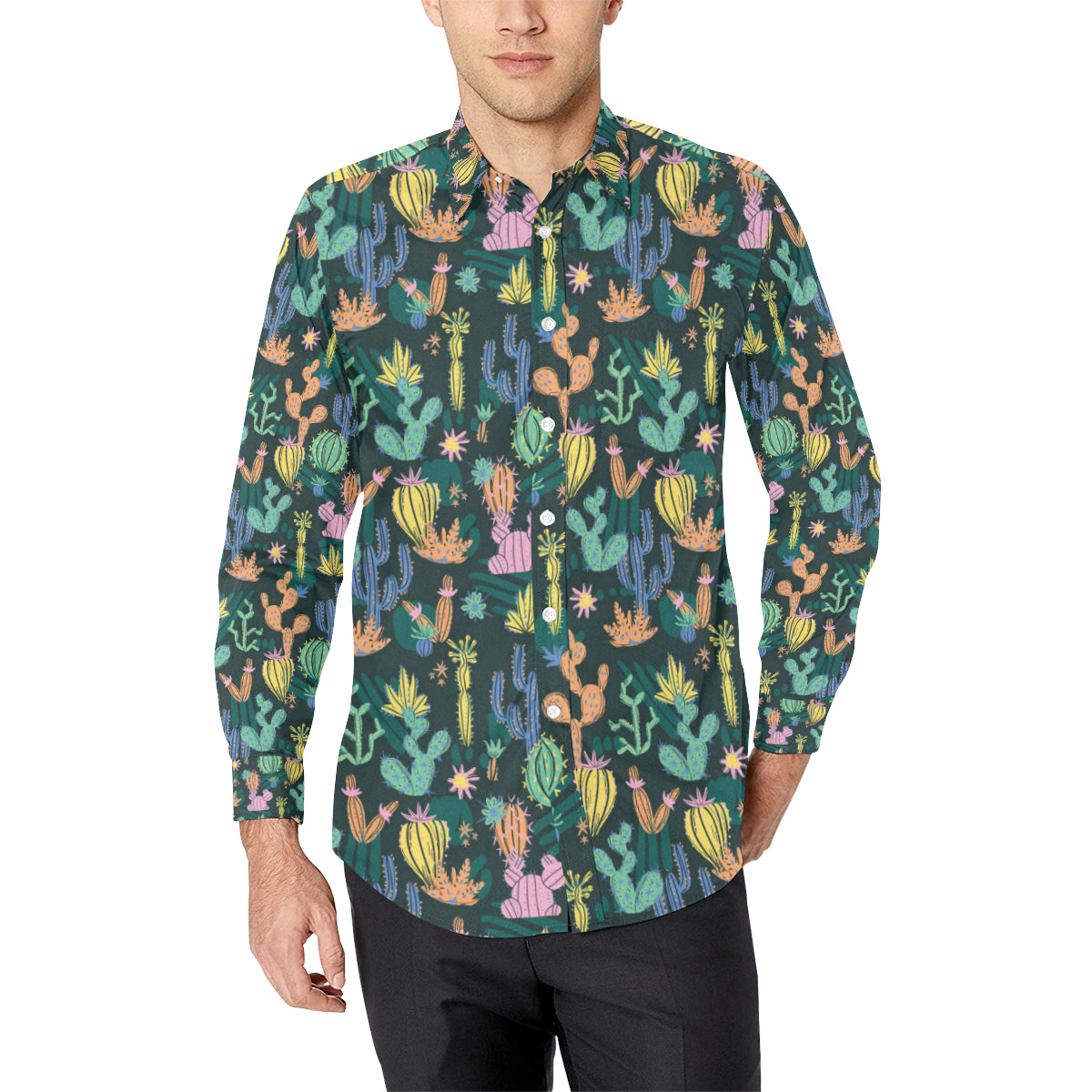 Cactus Pattern Print Design 05 Men's Long Sleeve Shirt