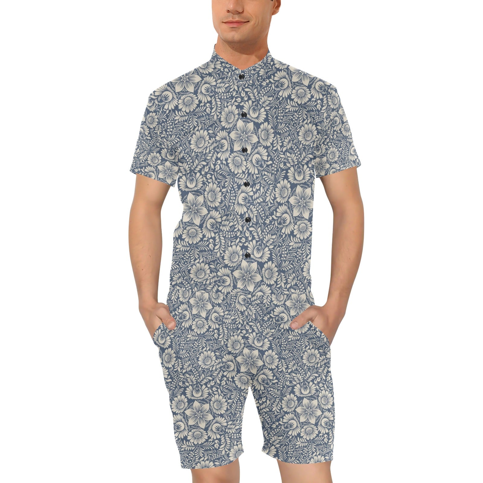 Elegant Floral Print Pattern Men's Romper