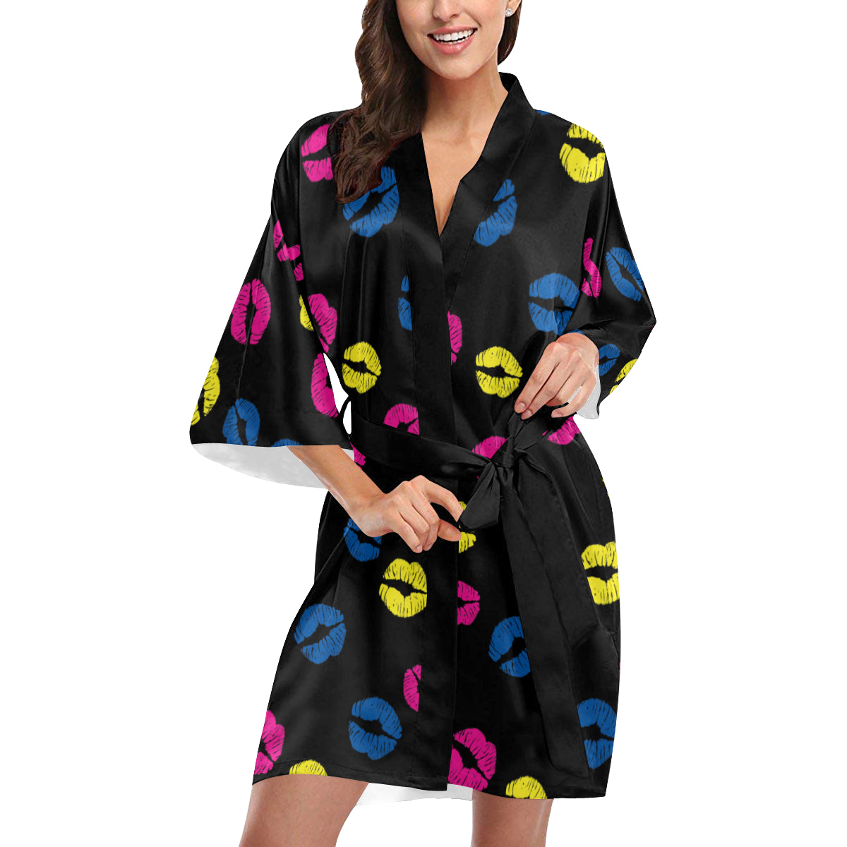 Lip Neon Color Pattern Print Design 01 Women's Short Kimono