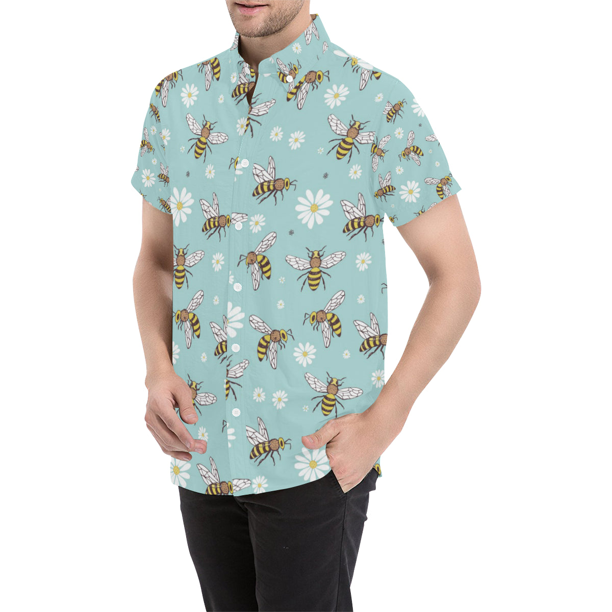 Bee Pattern Print Design BEE010 Men's Short Sleeve Button Up Shirt