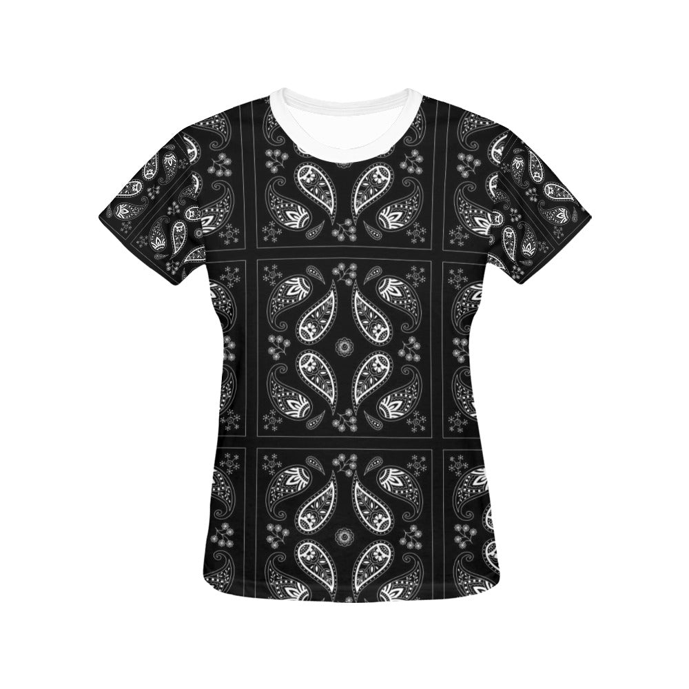 Bandana Paisley Black Print Design LKS308 Women's  T-shirt