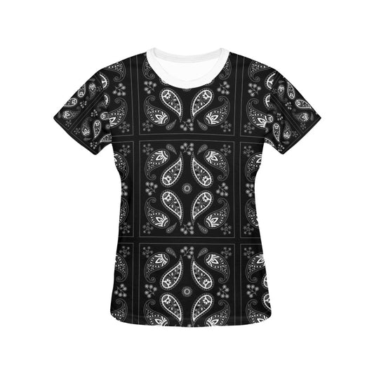 Bandana Paisley Black Print Design LKS308 Women's  T-shirt